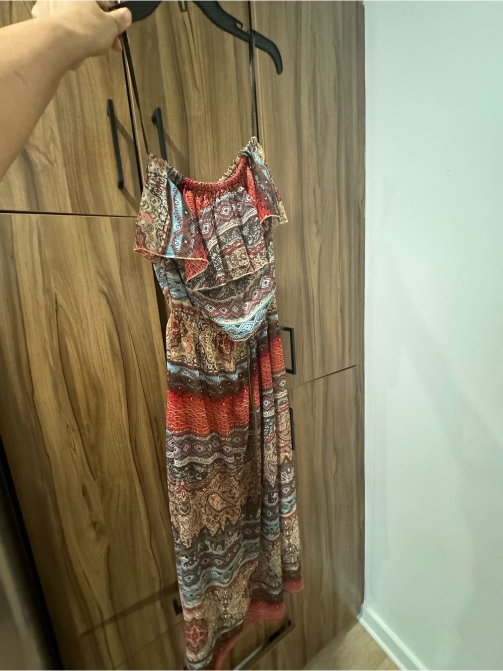 Bohemian Off-Shoulder Maxi Dress in Red, Blue & Brown